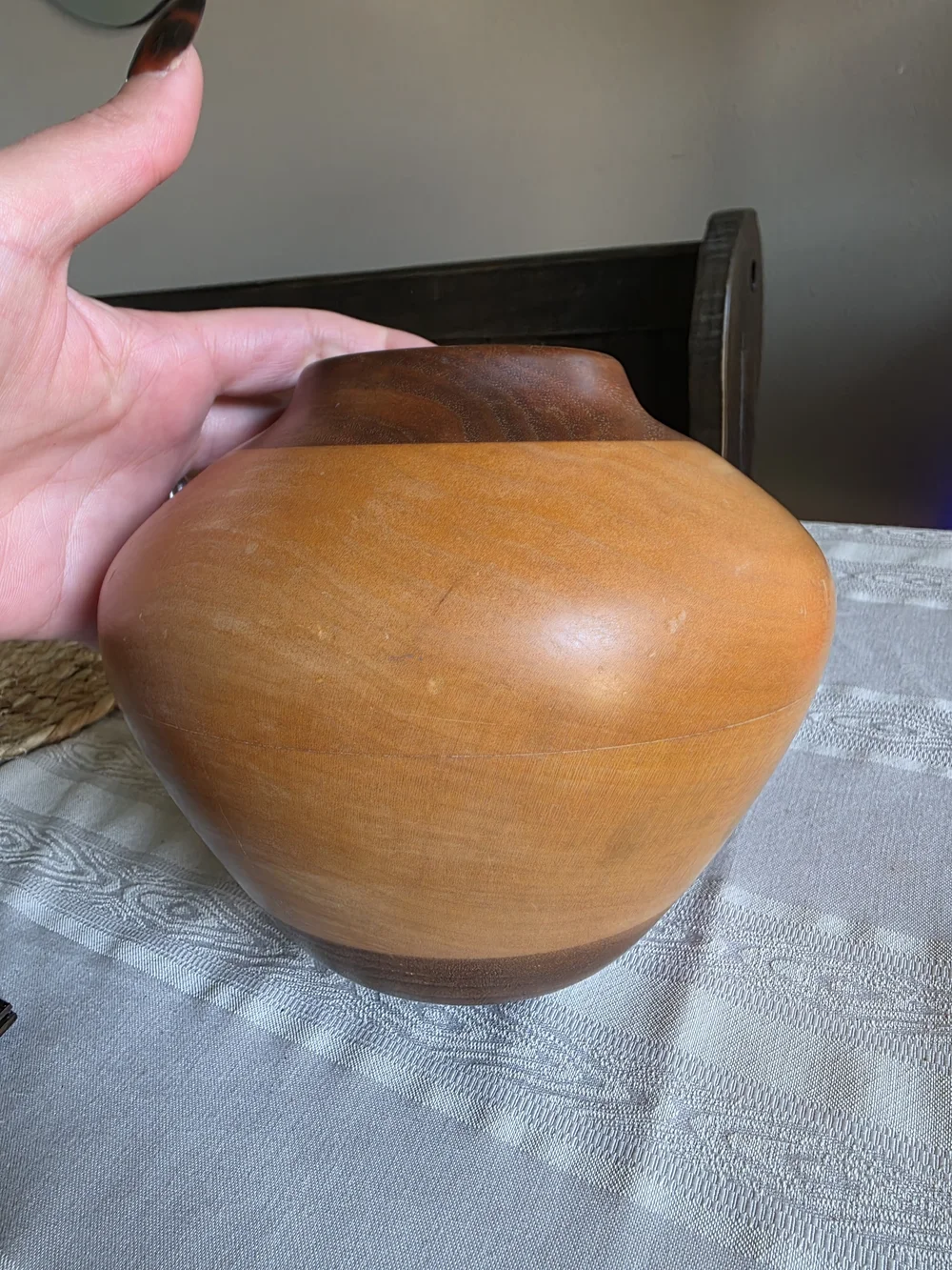 Vintage-Style Turned Wood Vase Two-Tone Boho Sculptural Vessel